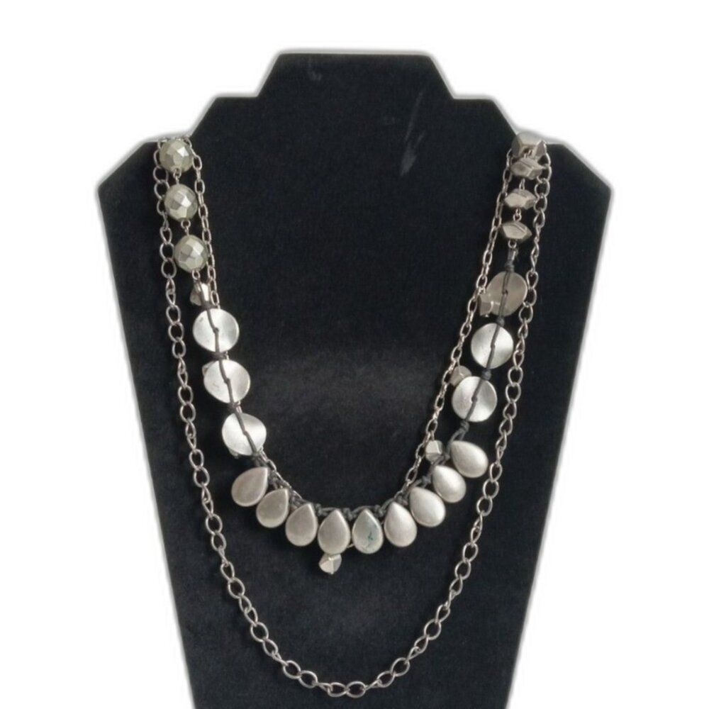 Silver Toned Metal Triple Multi Strand Assorted Beads Layered Statement Necklace